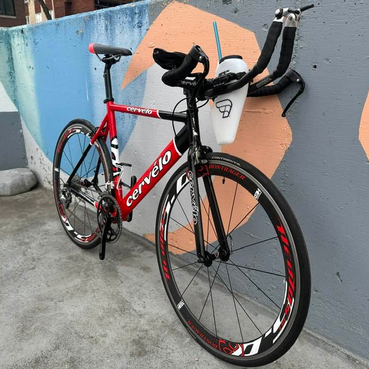 Cervelo Dual red and black bicycle from front angle