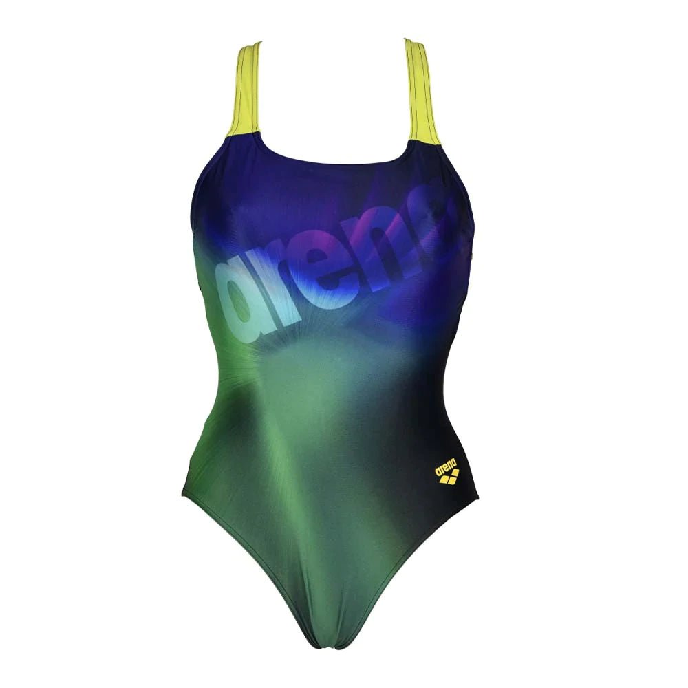 Arena Women's 1-Piece Swimsuit, Pro Back, Black-Green-Multi Placement Print - Element Tri & Bicycle Works