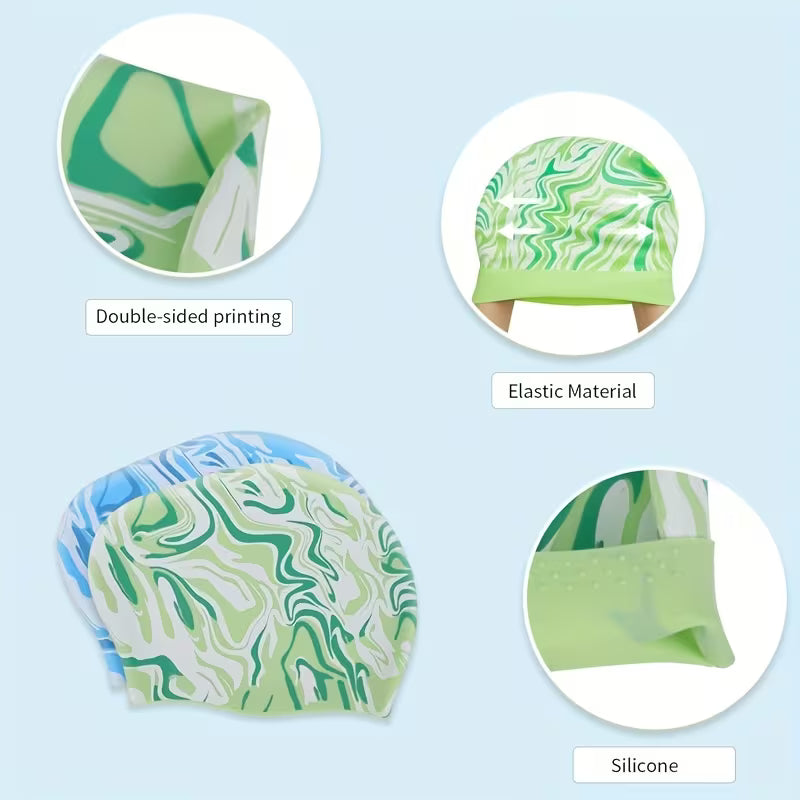 Silicone Long Hair Swim Cap – Ponytail-Friendly, Blue Ripple & Purple Ripple