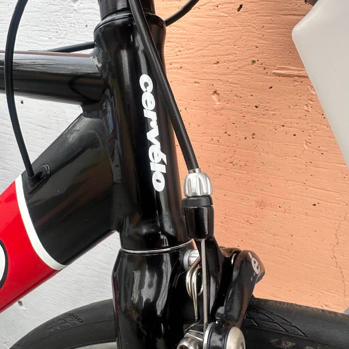 Close-up of a bicycle headset with 'Cervelo' branding 