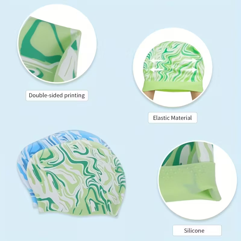 Silicone Long Hair Swim Cap – Ponytail-Friendly, Blue Ripple & Purple Ripple