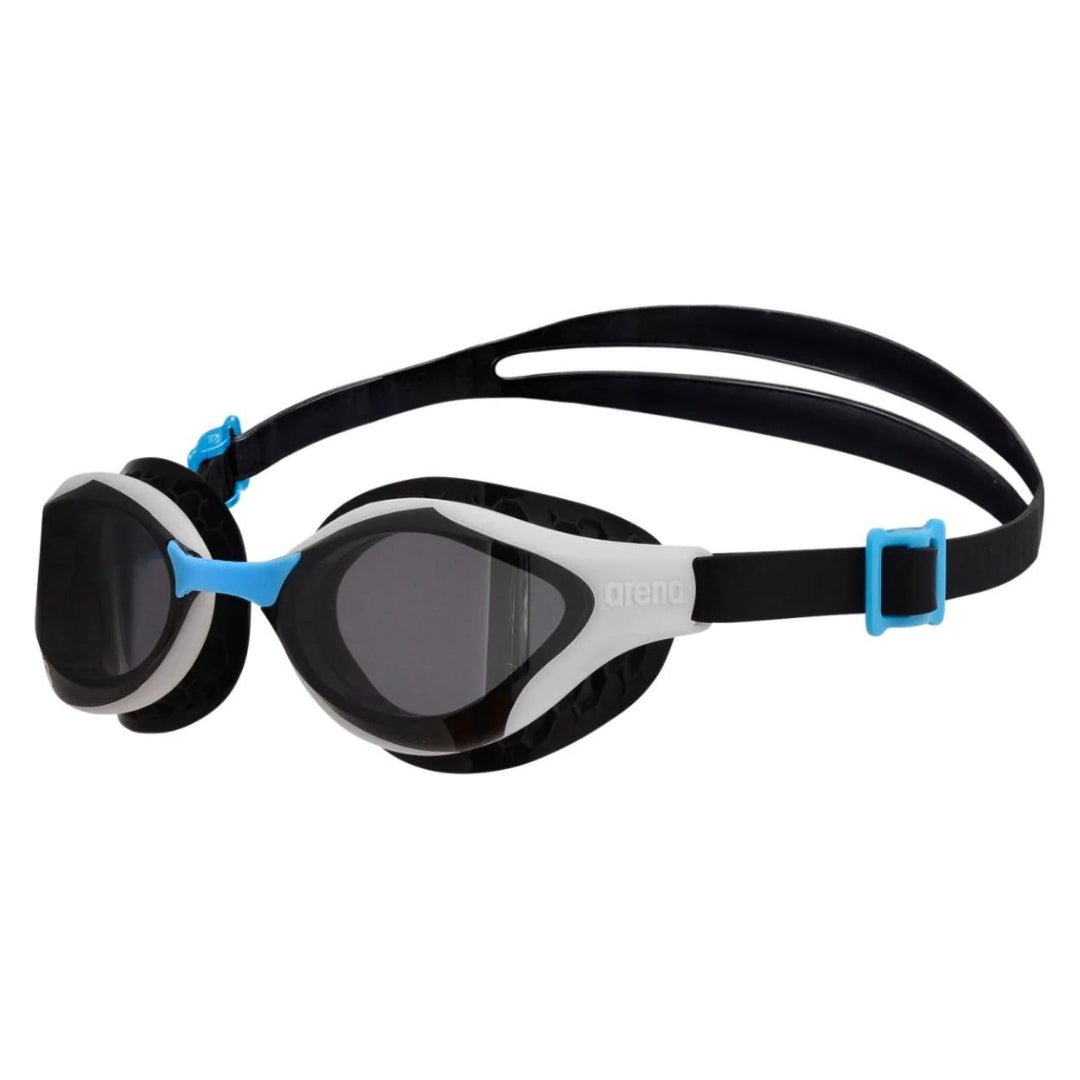 Arena Air Bold Swipe triathlon swim goggles in blue with anti-fog technology and honeycomb comfort seals.