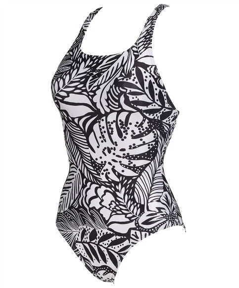 Arena Women's 1-Piece Swimsuit, Pro Back, Black & White Tropical Print - Element Tri & Bicycle Works