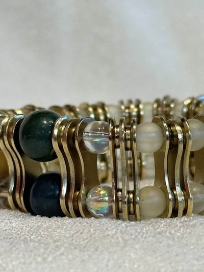 Bracelet: Jade Goldtone Chainplate Glass Beads - Element Tri & Bicycle Works