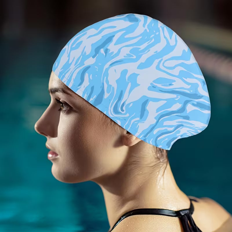 Silicone Long Hair Swim Cap – Ponytail-Friendly, Blue Ripple & Purple Ripple