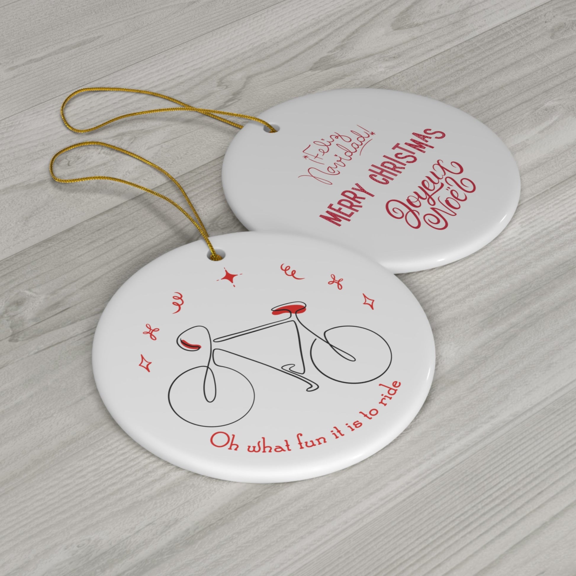 Merry Xmas Bilingual Christmas Ornament for Cyclist or Triathlete 'What Fun It Is To Ride' Merry Christmas in Three Languages - Element Tri & Bicycle Works